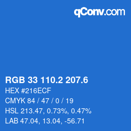 カラーコード: RGB 33 110.2 207.6 | qconv.com