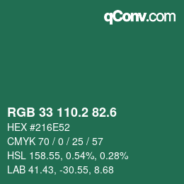 カラーコード: RGB 33 110.2 82.6 | qconv.com