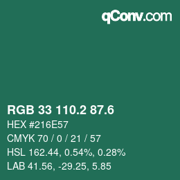 カラーコード: RGB 33 110.2 87.6 | qconv.com