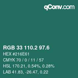 カラーコード: RGB 33 110.2 97.6 | qconv.com