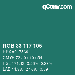 Color code: RGB 33 117 105 | qconv.com
