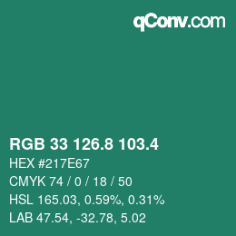 カラーコード: RGB 33 126.8 103.4 | qconv.com