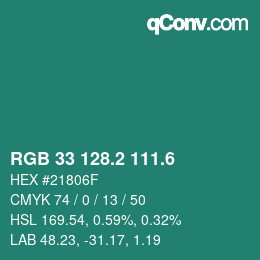 カラーコード: RGB 33 128.2 111.6 | qconv.com