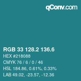 カラーコード: RGB 33 128.2 136.6 | qconv.com
