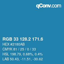 カラーコード: RGB 33 128.2 171.6 | qconv.com