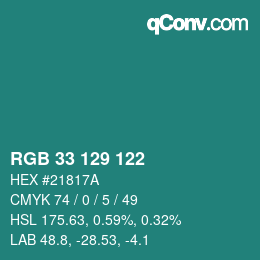 カラーコード: RGB 33 129 122 | qconv.com