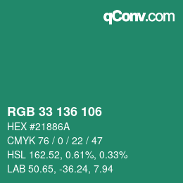 Color code: RGB 33 136 106 | qconv.com