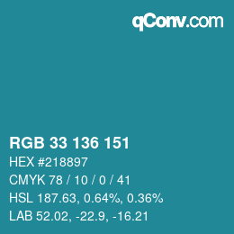 Color code: RGB 33 136 151 | qconv.com