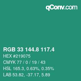カラーコード: RGB 33 144.8 117.4 | qconv.com