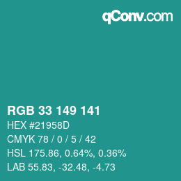 Color code: RGB 33 149 141 | qconv.com