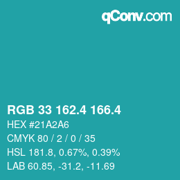 カラーコード: RGB 33 162.4 166.4 | qconv.com