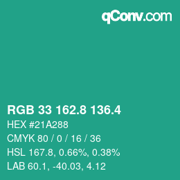 カラーコード: RGB 33 162.8 136.4 | qconv.com