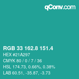 カラーコード: RGB 33 162.8 151.4 | qconv.com