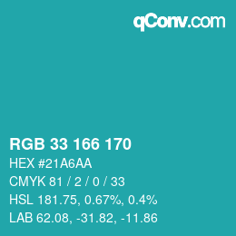 Color code: RGB 33 166 170 | qconv.com