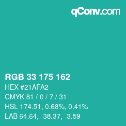Color code: RGB 33 175 162 | qconv.com