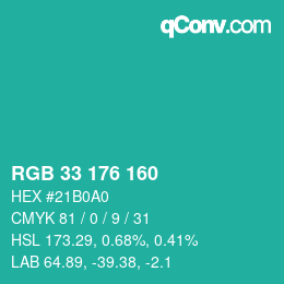 Color code: RGB 33 176 160 | qconv.com