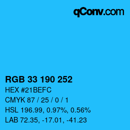 Color code: RGB 33 190 252 | qconv.com