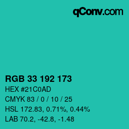 Color code: RGB 33 192 173 | qconv.com