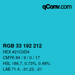 Color code: RGB 33 192 212 | qconv.com