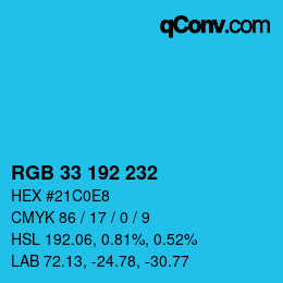 カラーコード: RGB 33 192 232 | qconv.com