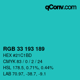 Color code: RGB 33 193 189 | qconv.com