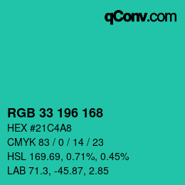 Color code: RGB 33 196 168 | qconv.com