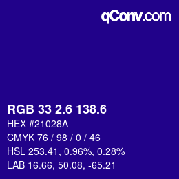 カラーコード: RGB 33 2.6 138.6 | qconv.com