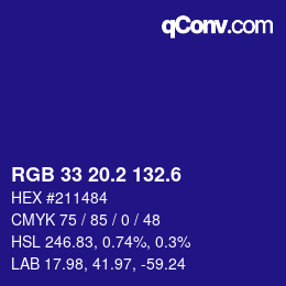 カラーコード: RGB 33 20.2 132.6 | qconv.com