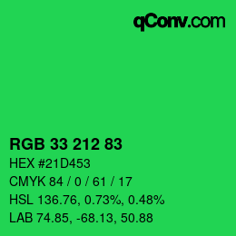 颜色代码: RGB 33 212 83 | qconv.com