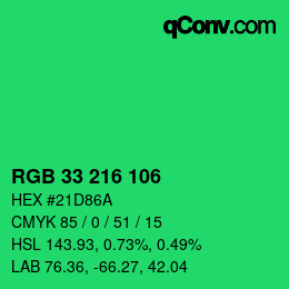 カラーコード: RGB 33 216 106 | qconv.com