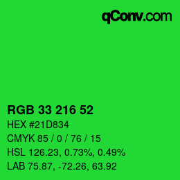 カラーコード: RGB 33 216 52 | qconv.com