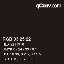 颜色代码: RGB 33 25 22 | qconv.com
