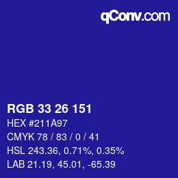 Color code: RGB 33 26 151 | qconv.com
