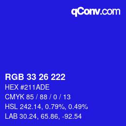カラーコード: RGB 33 26 222 | qconv.com