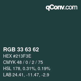 Color code: RGB 33 63 62 | qconv.com