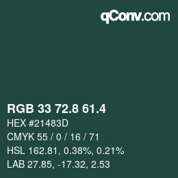 カラーコード: RGB 33 72.8 61.4 | qconv.com