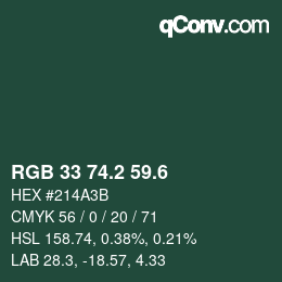 カラーコード: RGB 33 74.2 59.6 | qconv.com