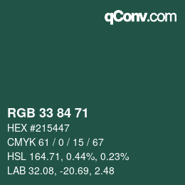 Color code: RGB 33 84 71 | qconv.com