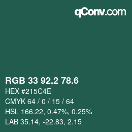 カラーコード: RGB 33 92.2 78.6 | qconv.com
