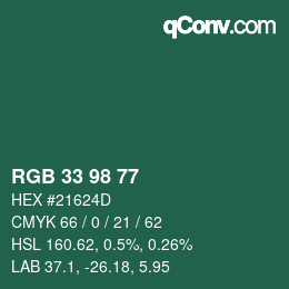 Color code: RGB 33 98 77 | qconv.com
