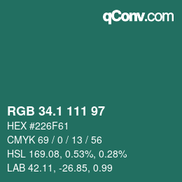 カラーコード: RGB 34.1 111 97 | qconv.com