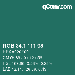 カラーコード: RGB 34.1 111 98 | qconv.com