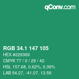 カラーコード: RGB 34.1 147 105 | qconv.com