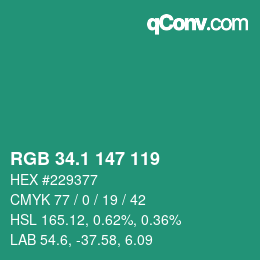 カラーコード: RGB 34.1 147 119 | qconv.com