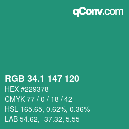 カラーコード: RGB 34.1 147 120 | qconv.com