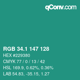 カラーコード: RGB 34.1 147 128 | qconv.com
