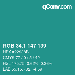 カラーコード: RGB 34.1 147 139 | qconv.com