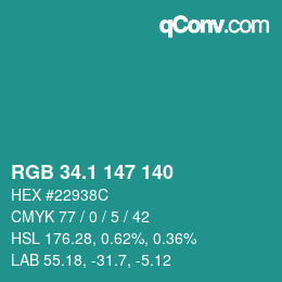 カラーコード: RGB 34.1 147 140 | qconv.com