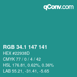 Color code: RGB 34.1 147 141 | qconv.com