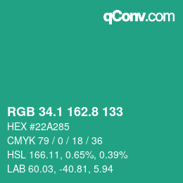 カラーコード: RGB 34.1 162.8 133 | qconv.com